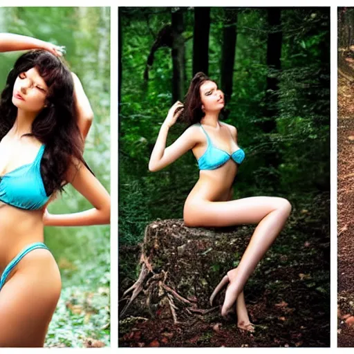 Image similar to a collection of photos of beautiful and sensual women posing for a photoshoot in a forest, 2 1 0 mm, ultraviolet lens, high - definition