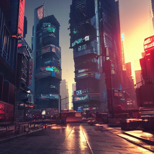 Prompt: cyberpunk cityscape like tokyo newyork street with tall buildings at dusk golden hour cinematic lighting, epic composition. A golden daylight, hyper-realistic environment. Hyper and intricate detail, photo-realistic. Cinematic and volumetric light. Epic concept art. Octane render and Unreal Engine, trending on artstation-H 768