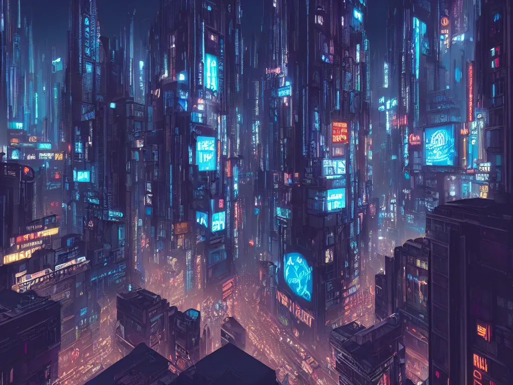 Prompt: hyperrealistic matte painting of a rustling and busy city at night, art deco buildings, crowded, by hugh ferris and john smith, complex buildings, classical architecture, cyberpunk ads, cyberpunk signs, blue color scheme, fine detail, polished, sharp focus, octane, cgsociety, trending on artstation