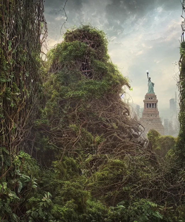 Prompt: highly detailed digital matte painting of an overgrown, abandoned, damaged Lady of Liberty, taken back by nature, vines, nature. Full shot. By Raphael LaCoste and Ruan Jia and Robert McCall, postcyberpunk, geodesic dome, hyperdetailed, sunrise, wide shot, autochrome, octane render