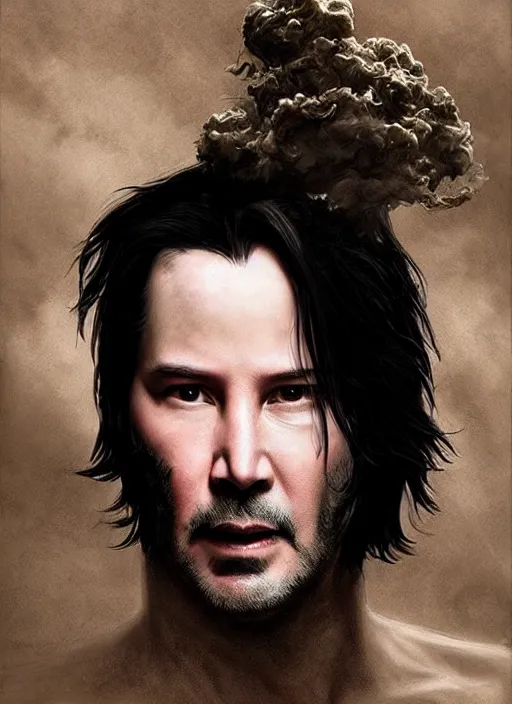 Prompt: keanu reeves as sandman, with fingers and hair turning into smoke, vertigo, shaved, pale skin!, fantasy, intricate, elegant, highly detailed, digital painting, artstation, concept art, wallpaper, smooth, sharp focus, illustration, art by artgerm and greg rutkowski and alphonse mucha