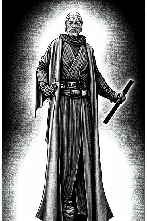 Image similar to a line drawing of an old jedi knight joe fenton, trending on artstation, realistic rendering