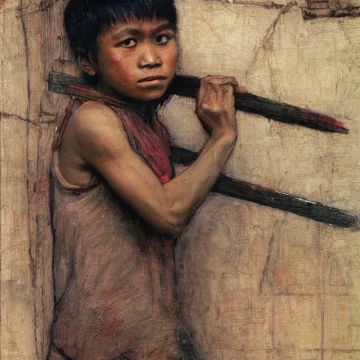 Prompt: an indonesian boy in the style of john william waterhouse