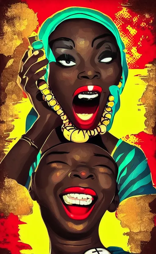Image similar to mama africa laugh at her child!!! pop art, pixel, bioshock, gta chinatown, artgerm, richard hamilton, mimmo rottela, julian opie, aya takano, ultra hardly intricity details!!! ultra realistic visual!!!