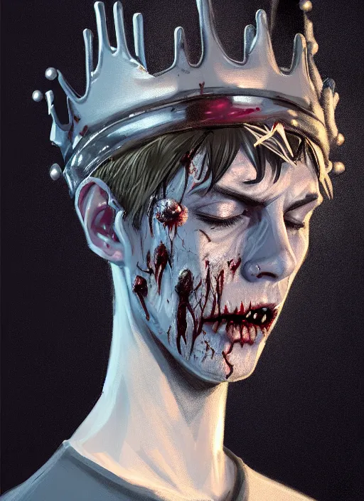 Image similar to portrait of zombie jughead jones wearing a light grey crown, photorealistic, zombie, crown, eyes closed, crown, black hair, intricate, elegant, glowing lights, highly detailed, digital painting, artstation, concept art, sharp focus, illustration, art by wlop, mars ravelo and greg rutkowski