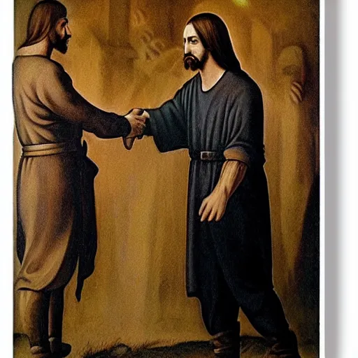 Prompt: hitler handshakes jesus hd, realistic, by da vinci