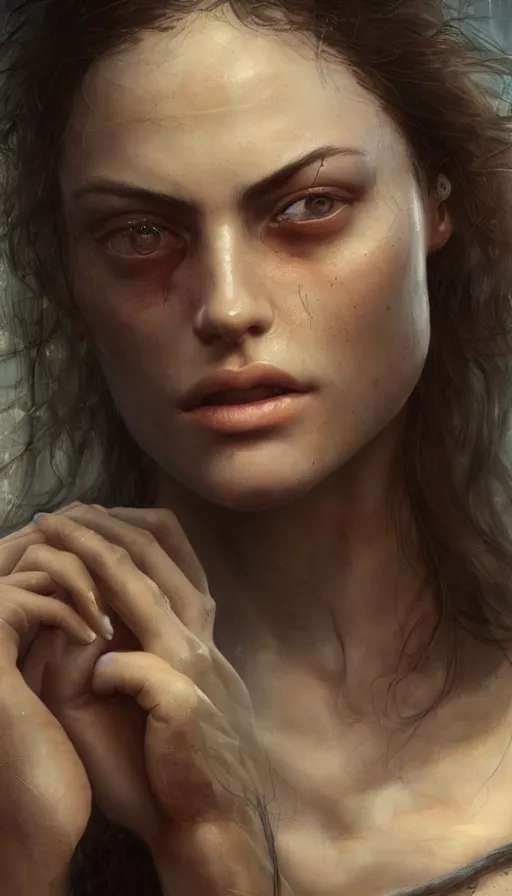 Image similar to epic masterpiece phoebe tonkin, sweaty skin, hyperrealistic, octane render, cinematic, beautiful face and flawless skin, perfect hands, 5 fingers, by edgar maxence and ross tran and michael whelan, legends of runeterra