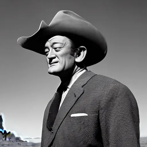 Image similar to a cinematic 5 0 s portrait photography of john wayne smoking a big joint, cowboy, monument valley landscape, flying saucer, farwest,