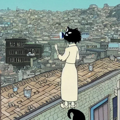 Prompt: a black cat lady looking out over a city, Miyazaki, studio ghibli