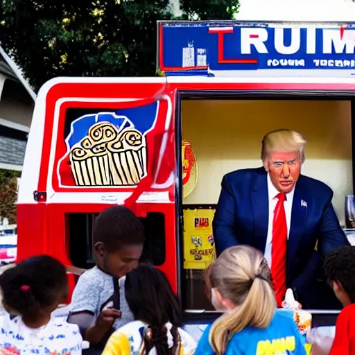 Image similar to donald trump in an ice cream truck giving ice cream to children