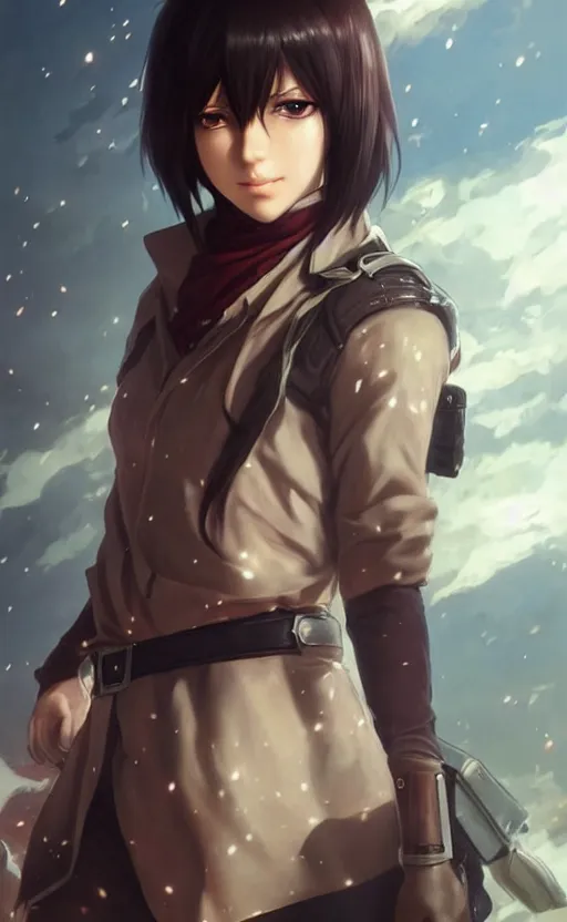 Image similar to mikasa ackerman, hero pose, medium shot, bokeh, beautiful face!!!!, 2 7 years old, cg animation, lifelike, animated, realistic, character select portrait, by artgerm, greg rutkowski, alphonse mucha, 3 d