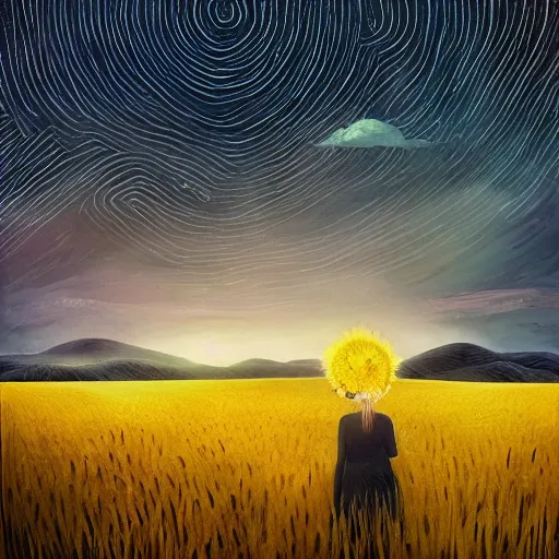 Prompt: giant black daisy flower face, girl walking in wheat field, hills, surreal photography, dark night, star trails, dramatic light, impressionist painting, clouds, digital painting, artstation, simon stalenhag