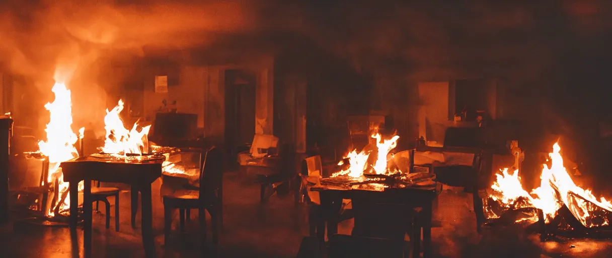 Image similar to a studio photograph (flash on) of a big fire on a dining room on fire, an human-like relaxed dog sitting on a wooden chair at a table (no fire at all there), lights on, ☕ on the table, surrounded by flames, a lot of flames behind the dog, black smoke instead of the ceiling, no watermark