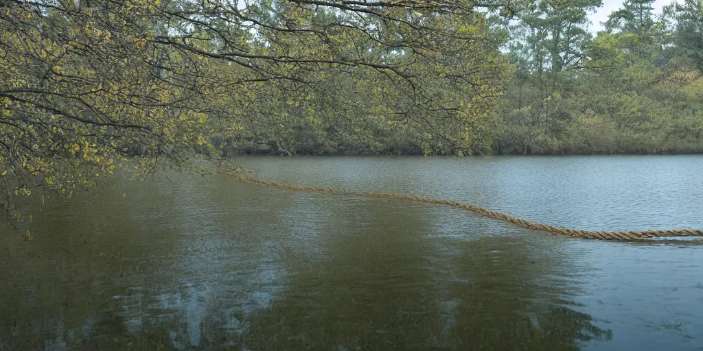 Image similar to color photograph of a very long rope on the surface of the water, the rope is snaking from the foreground stretching out towards the center of the lake, a dark lake on a cloudy day, trees in the background, anamorphic lens