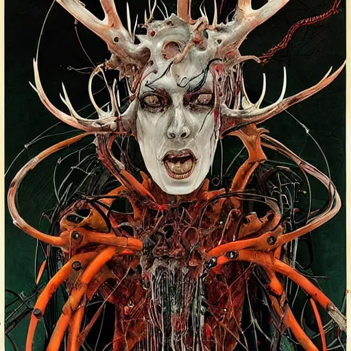 Image similar to tecno pagan god, wires antlers cybernetic implants, machine noir grimcore, in the style of adrian ghenie esao andrews jenny saville surrealism dark art by james jean takato yamamoto and by ashley wood