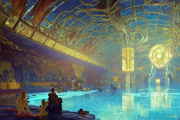 Prompt: Concept Digital Art Highly detailed Art Deco Cybertronian lazy river inside of the Palace of the Primes with glowing blue water at night by greg rutkowski, Ilya repin, alphonse mucha, transformers, and Edmund Blair Leighton. Very highly detailed 8K, Digital painting, the golden ratio, rational painting