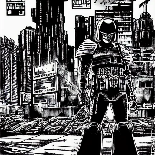 Image similar to judge dredd, megacity one police officer, crosshatch gritty cyberpunk run down city