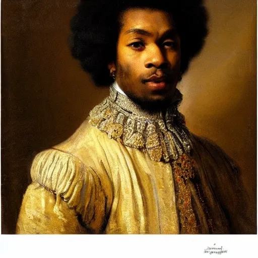 Prompt: french - black - royalty prince as part of the 1 8 th century aristocracy, looking regal and classic, painted by rembrandt