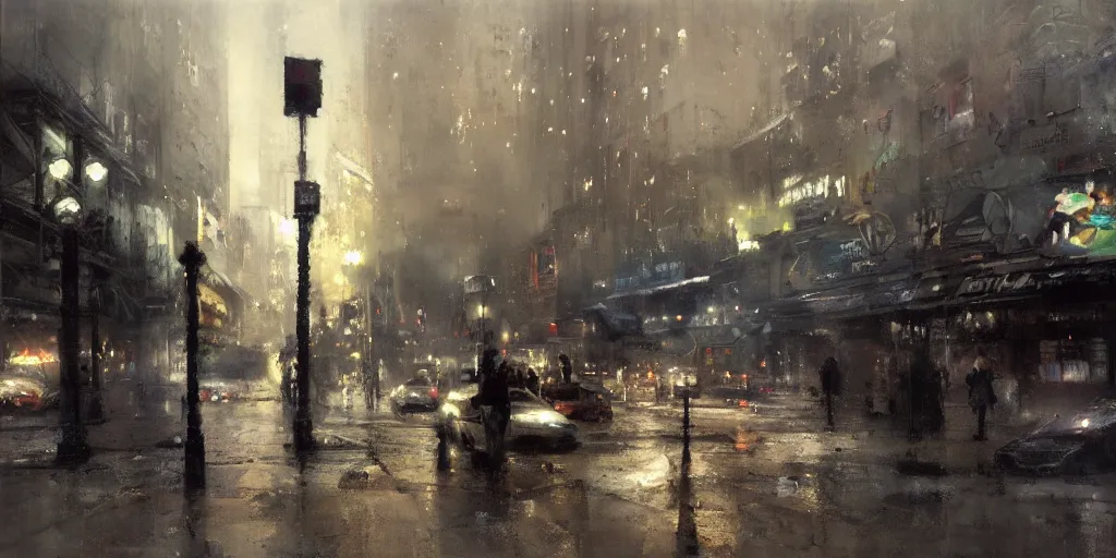 Prompt: street scene, volumetric lighting, painting by jeremy mann