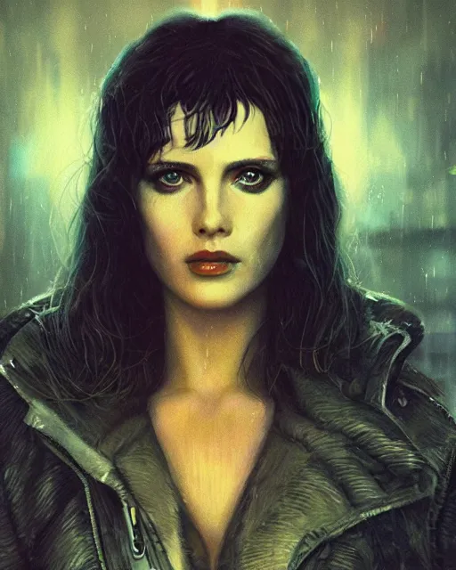 Prompt: a stunning close - up portrait of replicant rachael from blade runner, foggy background, digital art by ross tran and dan mumford, highly detailed, octane render