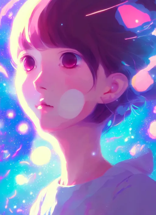 Image similar to portrait of cute girl, very psychedelic space background illustration concept art anime key visual trending pixiv fanbox by wlop and greg rutkowski and makoto shinkai and studio ghibli and kyoto animation