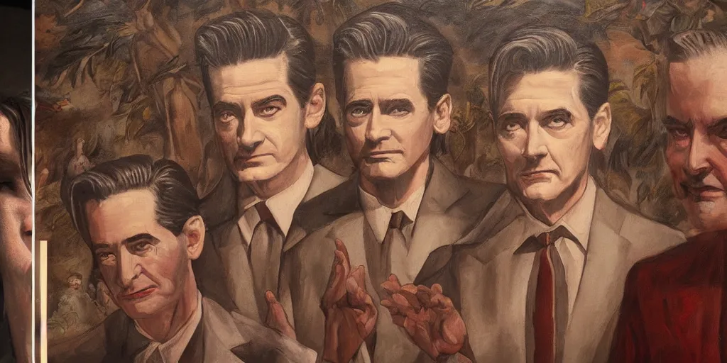 Image similar to twin peaks black lodge fresco painting, renaissance, agent cooper, dale cooper