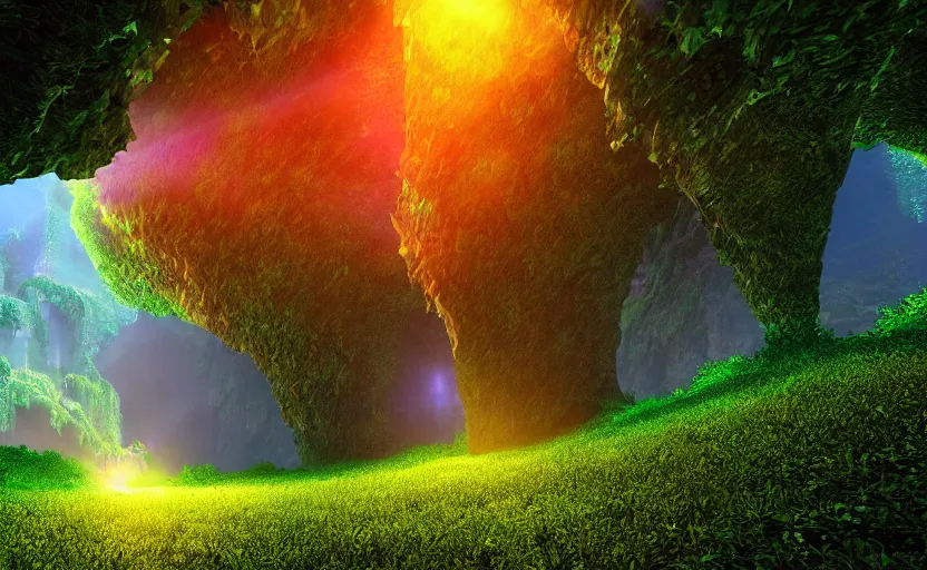 Image similar to a beautiful and stunning professional digital photo of a humongous crystal cave, vines, haze, waterfall, volumetric lighting, hyperrealistic, red, yellow, green, blue, sunset, unreal engine 5, ultra detail