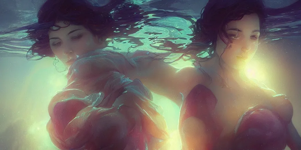 Image similar to dream woman underwater in the ocean at night, volumetric lighting, glowing lights, 4k, octane, digital painting, artstation, concept art, sharp focus, illustration, art by artgerm and greg rutkowski and alphonse mucha