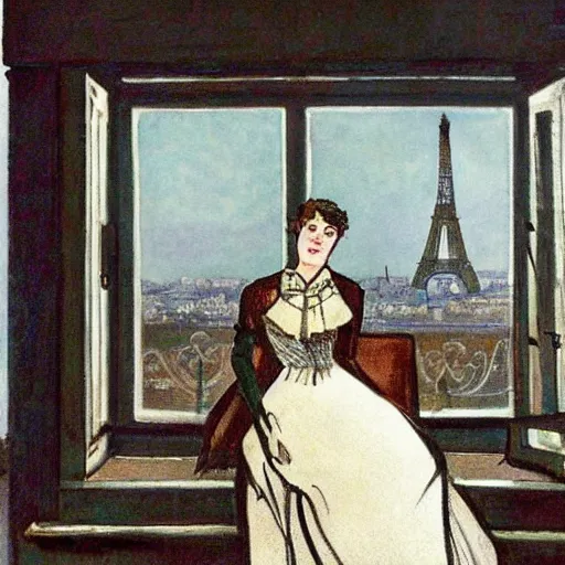 Image similar to a young edwardian woman sits in a window overlooking paris with the eiffel tower visible in the background, the moon is behind the eiffel tower, it's nighttime, in the style of Carl Larsson