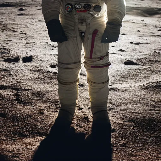 Image similar to photograph of an astronaut against the darkness of space, singular light source from below, full body photo, amazing light and shadow contrast, 8 k