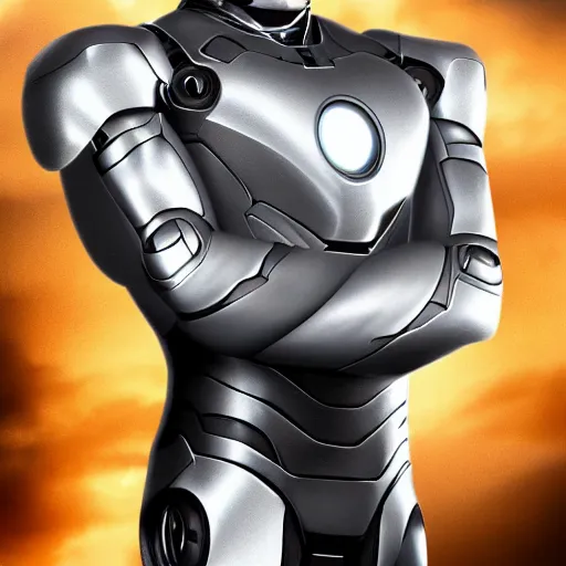 Image similar to silver and white iron man suit, 4 k realistic photo