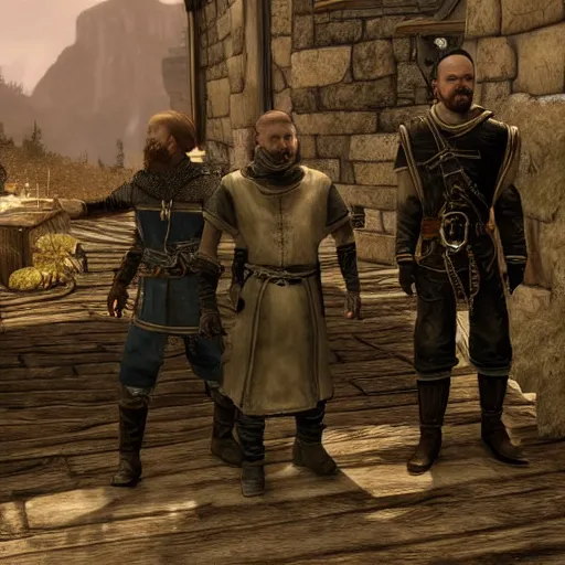 Image similar to jesse pinkman thieves guild gets caught by riften town guard, tamriel, elder scrolls, skyrim, adventuring gear, highly detailed