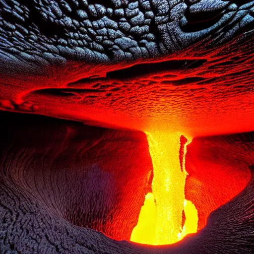 Prompt: head of kirby emerges from a lava lake, cave background, high detail, lava reflections, cave reflecting in lava lake, dramatic shot