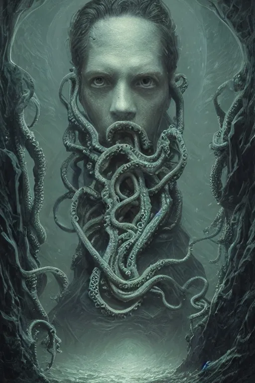 Prompt: realistic portrait beautiful detailed matte painting of cinematic movie scene hp lovecraft, horror, tentacles, created by gustave dore and greg rutkowski, high detailed, smooth draw, synthwave neon retro, intricate, realistic proportions, dramatic lighting, trending on artstation.