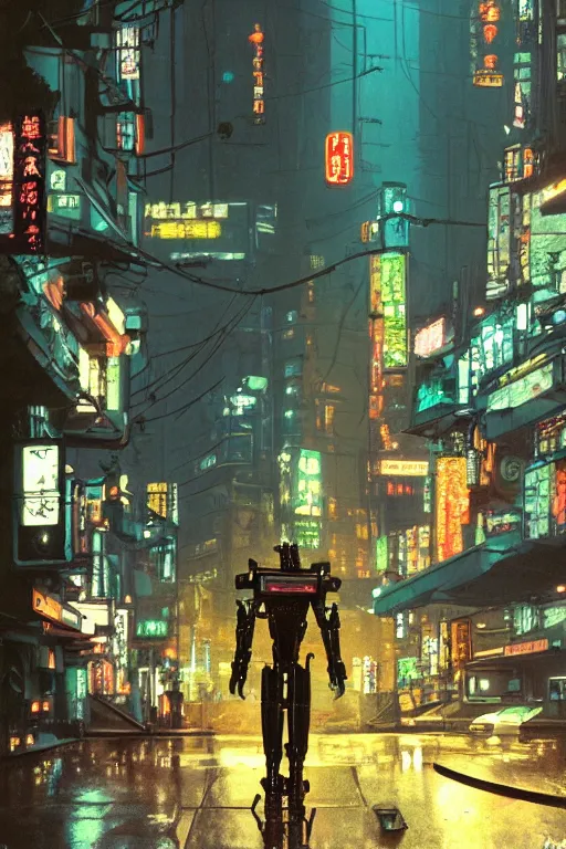 Prompt: cinematic 3 5 mm photo of ancient overgrown cyberpunk tokyo with robot by syd mead, night, rain, flowers, beautifully lit, hyperdetailed, unreal engine, photorealistic