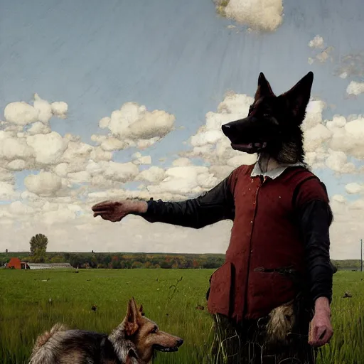 Image similar to farm life portrait of furry anthro anthropomorphic german shepard head animal person fursona wearing clothes farmer on the field in ohio, sunny day, digital art by Nerdrum John, William Waterhouse, Winslow Homer, Alex Heywood, Jordan Grimmer, Darren Quach, Greg Rutkowski, Simon Stalenhag, trending on Artstation, CGSociety