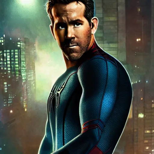 Image similar to ryan reynolds as spider - man, wearing a black and blue suit, cinematic, volumetric lighting, f 8 aperture, cinematic eastman 5 3 8 4 film, photorealistic by greg rutkowski, by stanley artgerm, by alphonse mucha