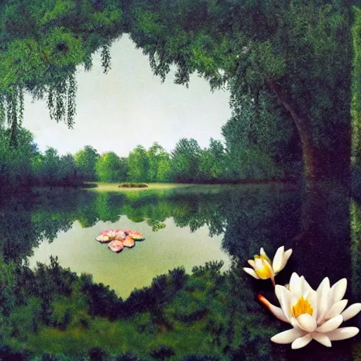 Prompt: a pond with water lillies in the forest, in the style of Rene Magritte,