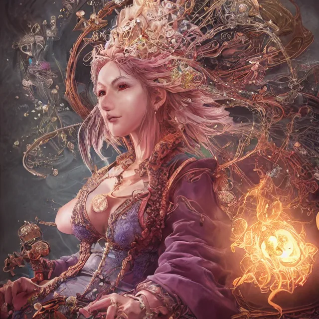 Image similar to the portrait of chaotic good female druid alchemist as absurdly beautiful, gorgeous, elegant, gravure idol, an ultrafine hyperdetailed illustration by kim jung gi, irakli nadar, intricate linework, sharp focus, bright colors, octopath traveler, final fantasy, unreal engine 5 highly rendered, global illumination, radiant light, detailed and intricate environment