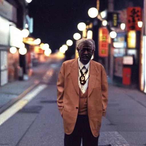 Image similar to old black man in tokyo at night, wearing gold chain, gold rings, cinestill 8 0 0,