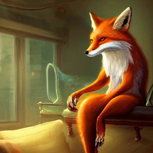 Image similar to an anthropomorphic fox wearing a t-shirt and leans, sitting on a couch, 8k resolution matte fantasy painting, cinematic lighting, DeviantArt, Artstation, Jason Felix Steve Argyle Tyler Jacobson Peter Mohrbacher