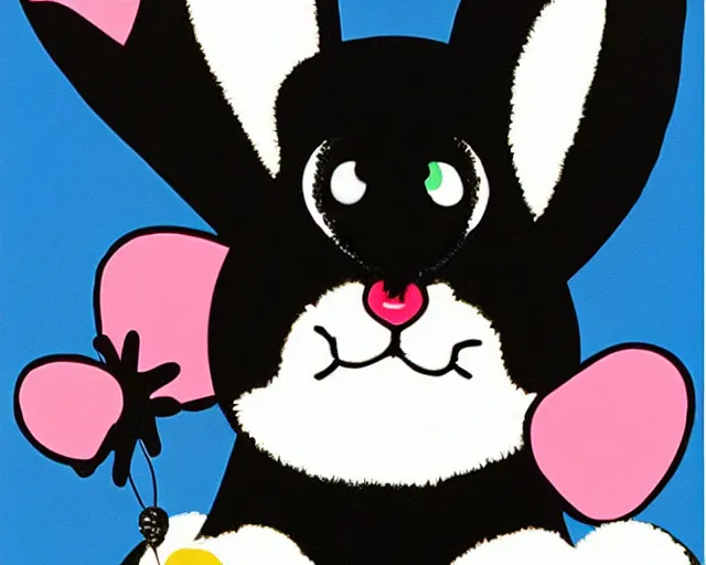 Prompt: a very cute black bunny, black fur with white puffs, fine art by romero britto