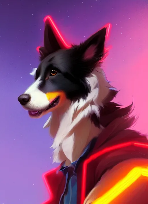 Image similar to wide angle beautiful full body portrait of a cute male anthropomorphic anthro border collie fursona wearing cowboy outfit in a neon metropolis, character design by charlie bowater, henry asencio, and ross tran, furry art, furaffinity, beautiful, glamor pose, detailed, aesthetic, trending on artstation