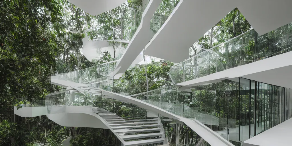 Prompt: Architectural photography of beautiful nature meets architecture building by Bawa, in a tropical forest, volumetric lighting,, luxury, clear glass wall, white concrete, deck, railing, external staircases, terrace, high detail, 14mm, cinematic photography, archdaily, high resolution