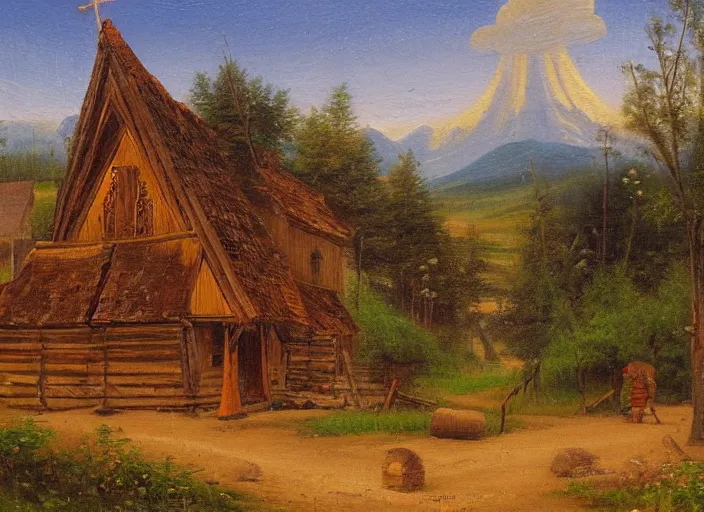 Image similar to the small wooden villages of siberia with an orthodox church, russia in the style of hudson river school of art, oil on canvas