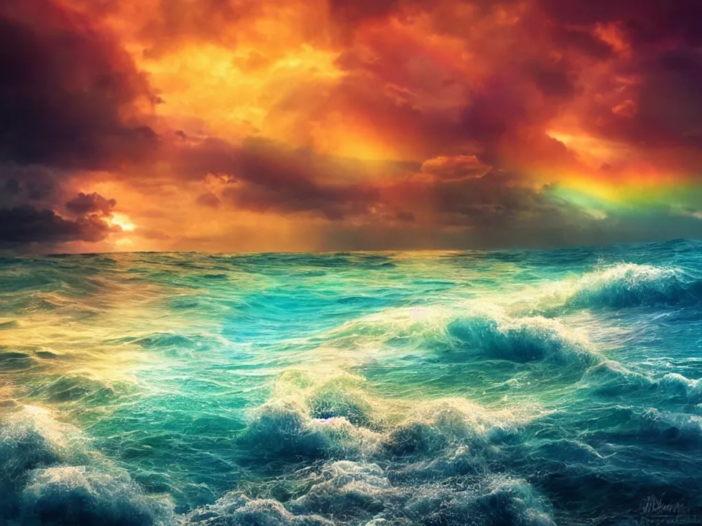 Image similar to Stunning dreamy rainbow colored stormy waves on beach full of blue sand and crystal gems, avatar, sunny rainbow galaxy stormy sea, cinematic, sunset, hyper-realistic, high resolution, concept art, artstation