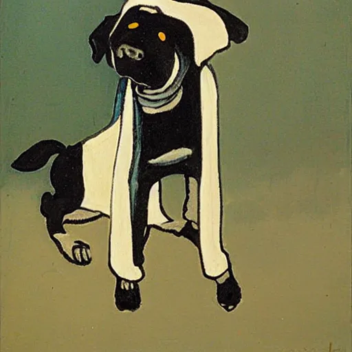 Image similar to a small black dog drinking beer by charles e. burchfield