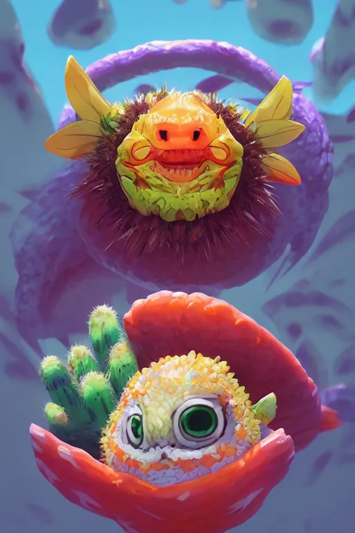 Image similar to 3 d render creature animal sushi cristal very big eye roots cactus elemental flush of force nature micro world fluo fishscale, comics gta 5 cover, official fanart behance hd artstation by jesper ejsing, by rhads, makoto shinkai and lois van baarle, ilya kuvshinov, ossdraws