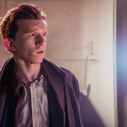 Image similar to tom holland as a rough dirty old man with a scruffy beard in a dark blue trenchcoat as the new doctor who, cinematic, volumetric lighting, f 8 aperture, cinematic eastman 5 3 8 4 film, photorealistic