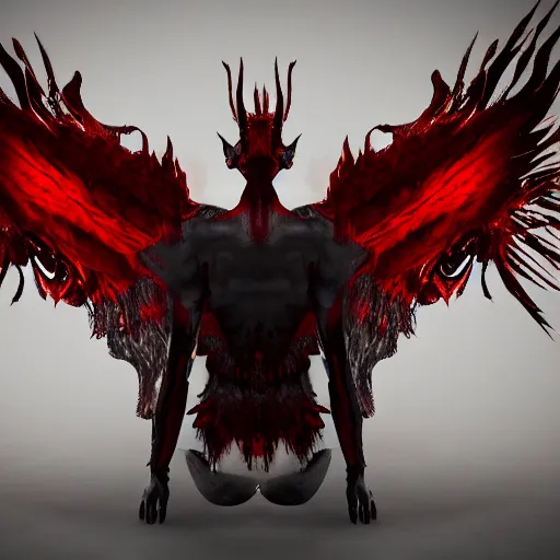 Image similar to abstract shadow demon with wings red hunter eyes, highly realistic photo realistic octane render blender highly detailed 8 k